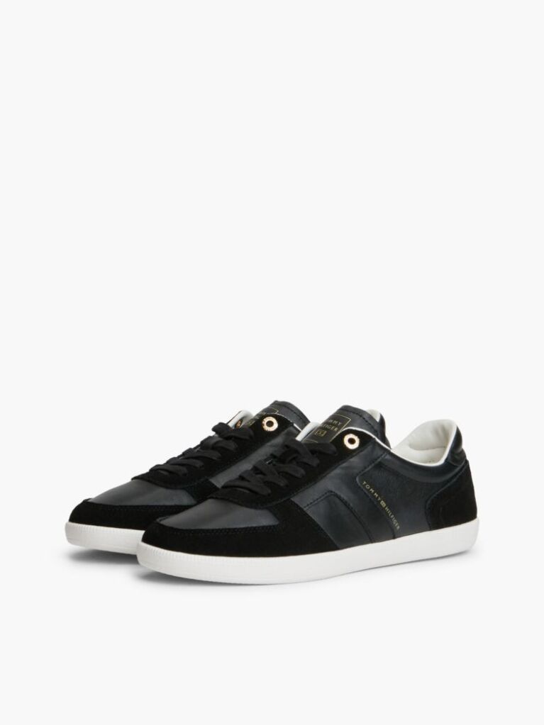Black Leather Mixed Texture Enamel Flag Sneakers  Women