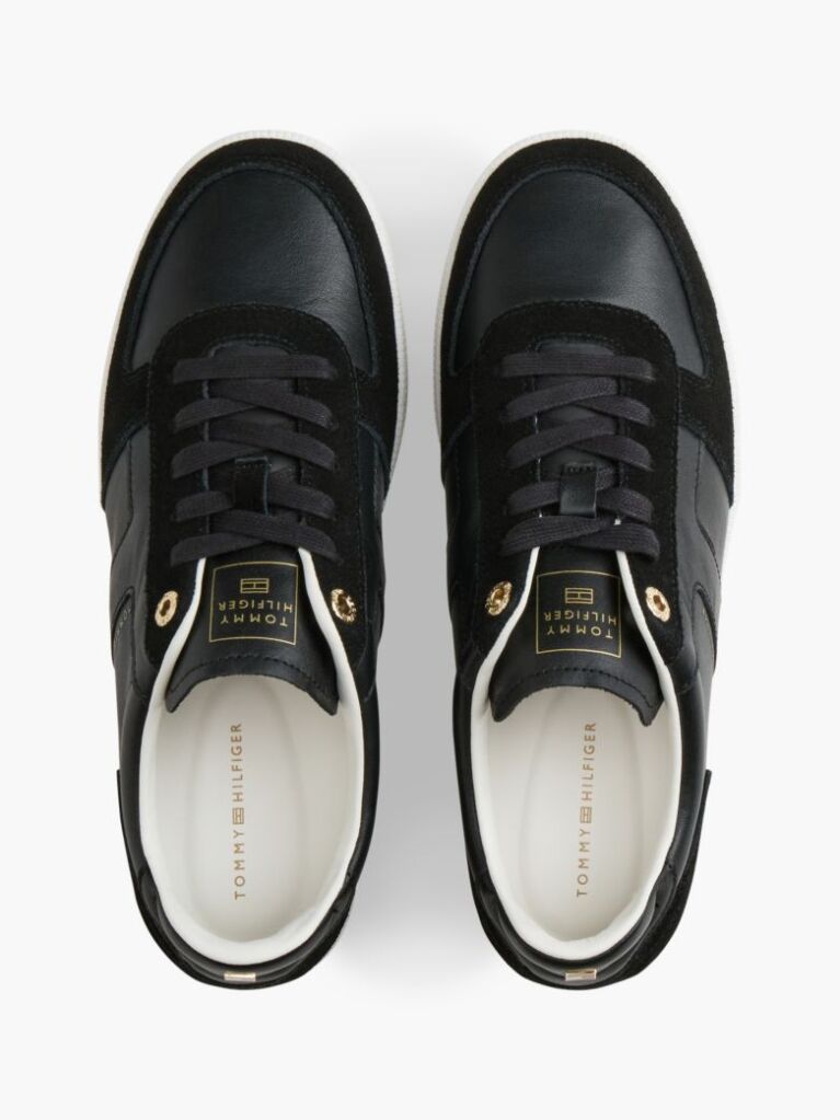 Black Leather Mixed Texture Enamel Flag Sneakers  Women