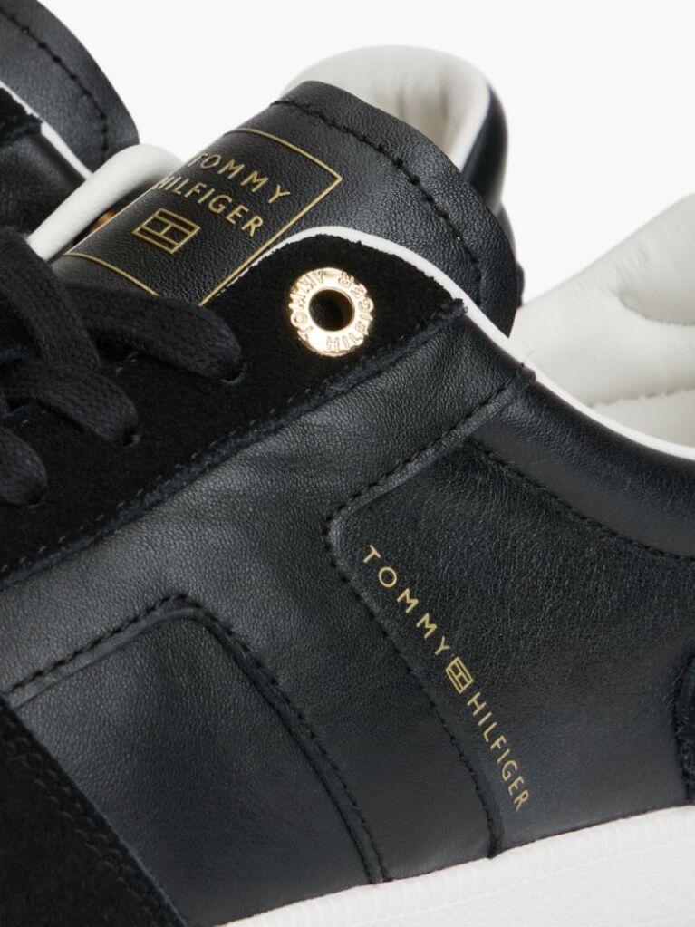 Black Leather Mixed Texture Enamel Flag Sneakers  Women