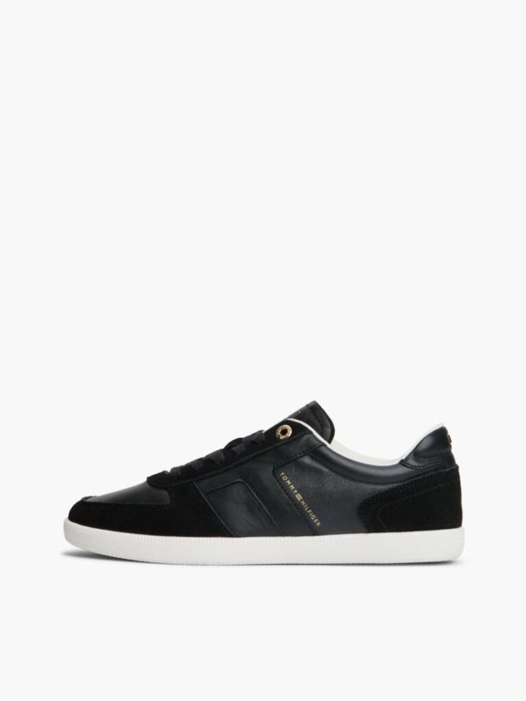 Black Leather Mixed Texture Enamel Flag Sneakers  Women