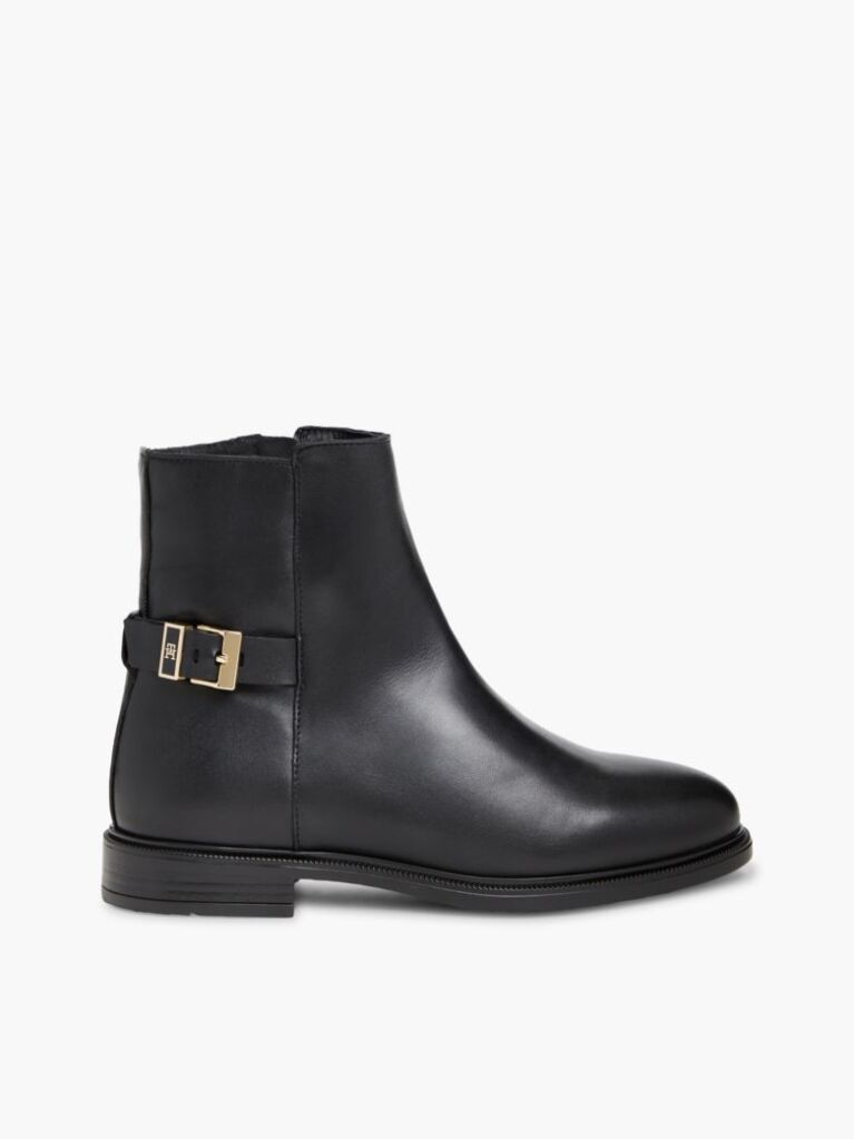 Black Leather TH Monogram Buckle Ankle Boots  Women