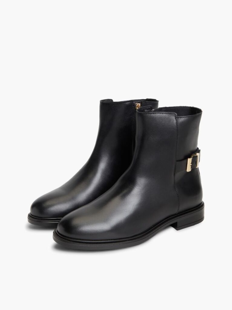 Black Leather TH Monogram Buckle Ankle Boots  Women