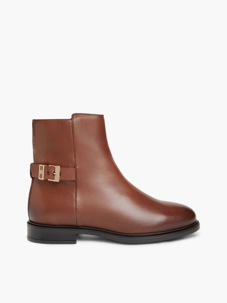 Brown Leather TH Monogram Buckle Ankle Boots  Women