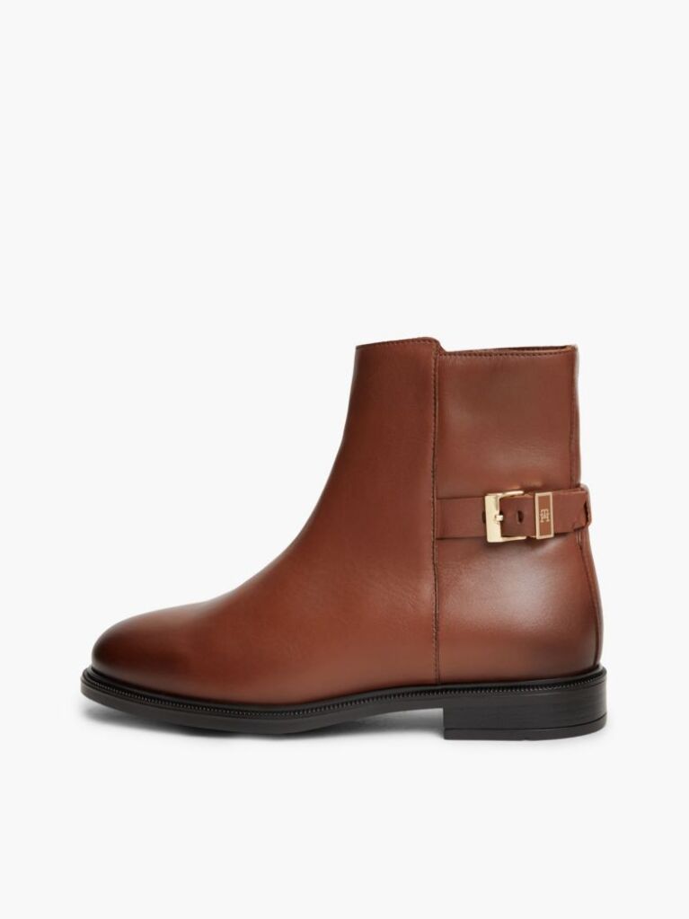 Brown Leather TH Monogram Buckle Ankle Boots  Women