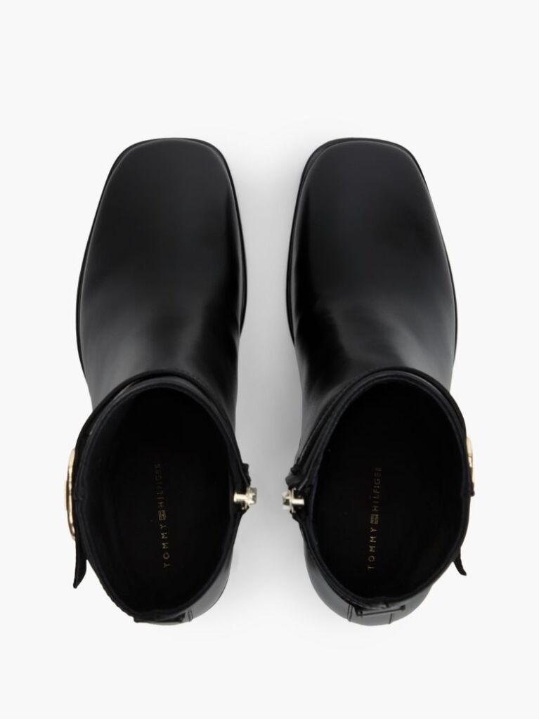 Black Leather Buckle Strap Block Heel Ankle Boots  Women