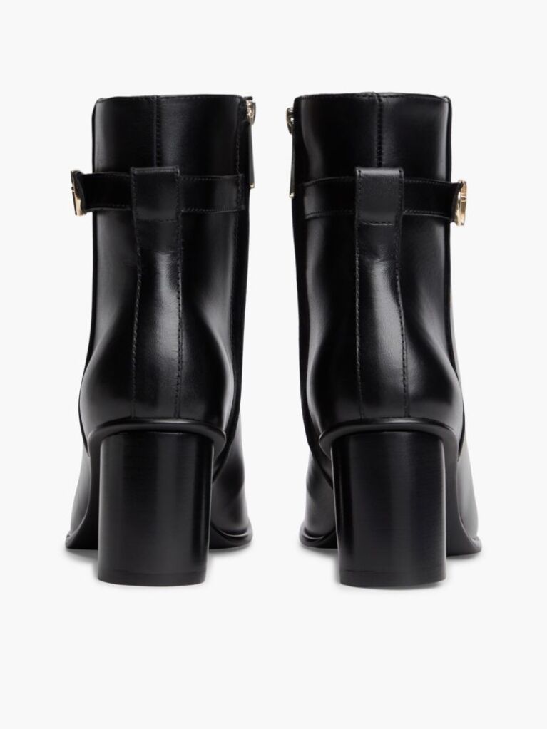 Black Leather Buckle Strap Block Heel Ankle Boots  Women