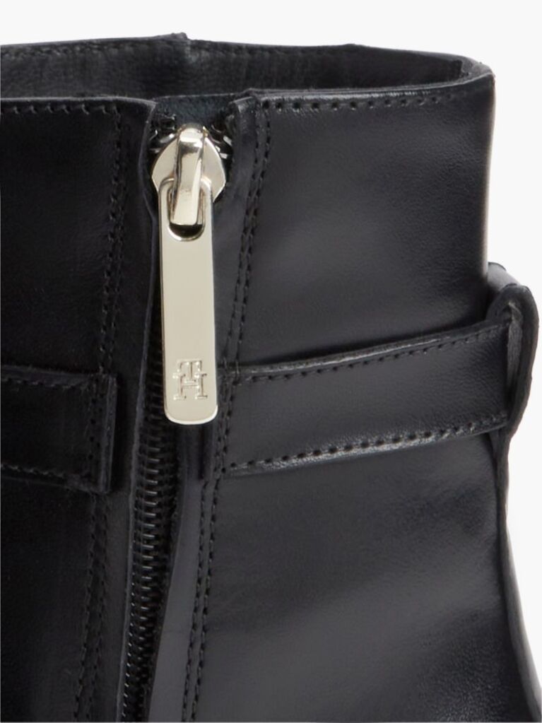 Black Leather Buckle Strap Block Heel Ankle Boots  Women