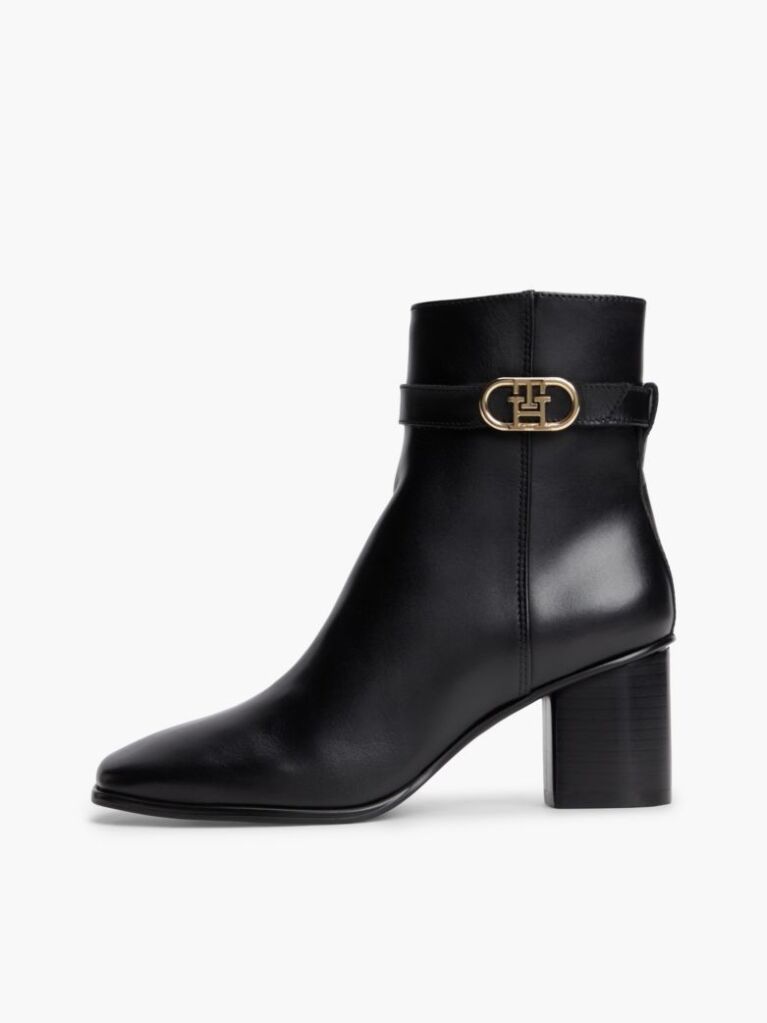 Black Leather Buckle Strap Block Heel Ankle Boots  Women