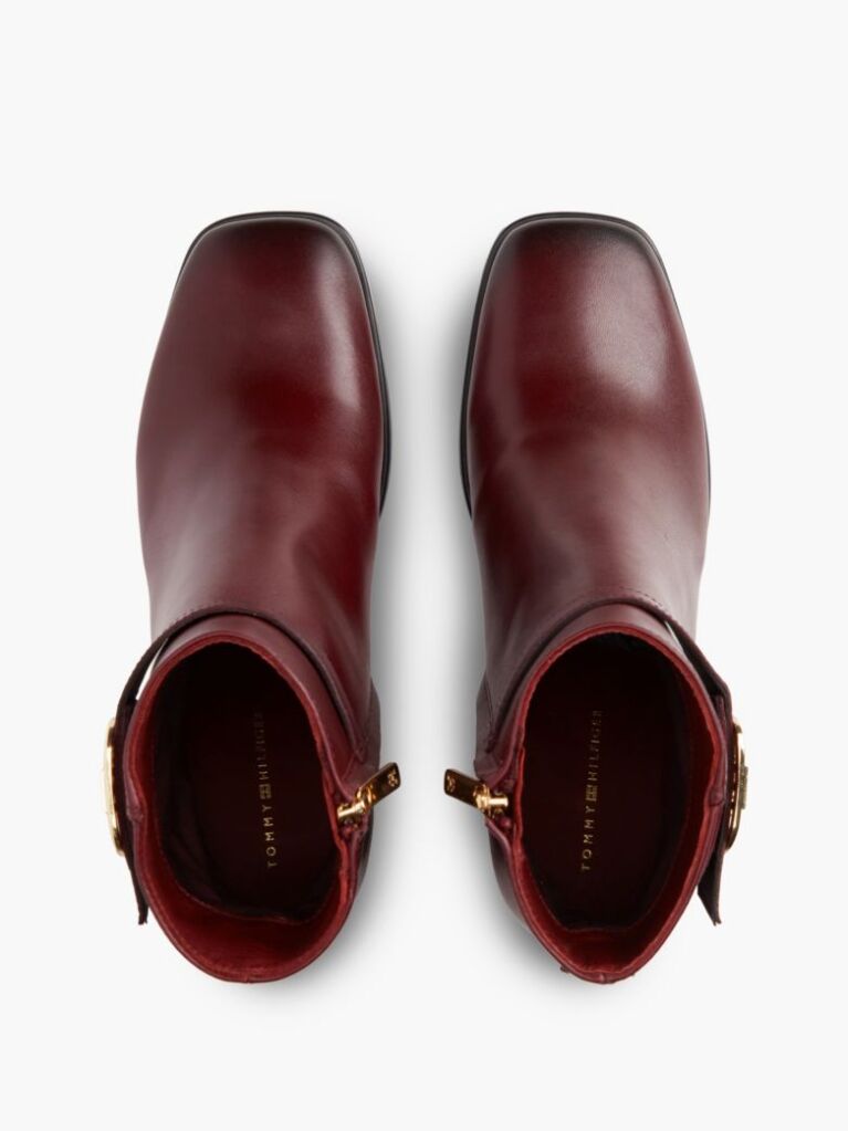 Red Leather Buckle Strap Block Heel Ankle Boots  Women