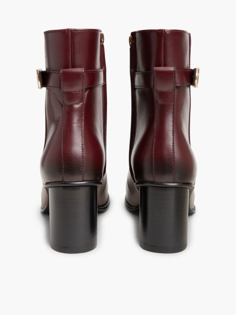 Red Leather Buckle Strap Block Heel Ankle Boots  Women
