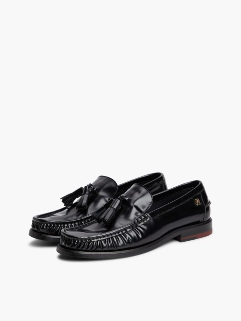 Black New York Label Shiny Leather Tassel Loafers  Women