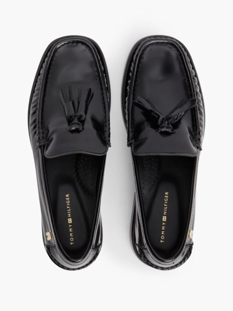 Black New York Label Shiny Leather Tassel Loafers  Women
