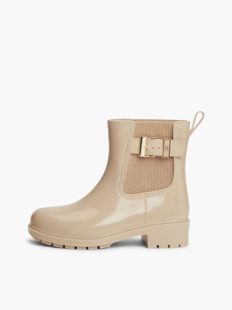 Beige Shiny Buckle Cleat Rain Boots  Women