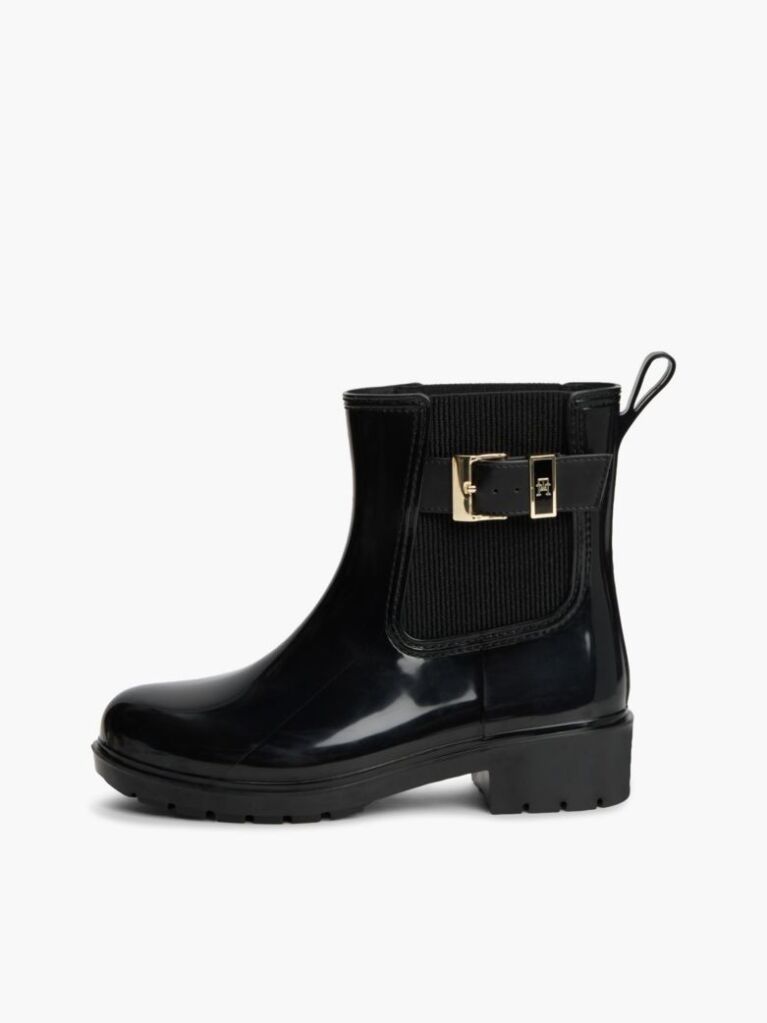 Black Shiny Buckle Cleat Rain Boots  Women