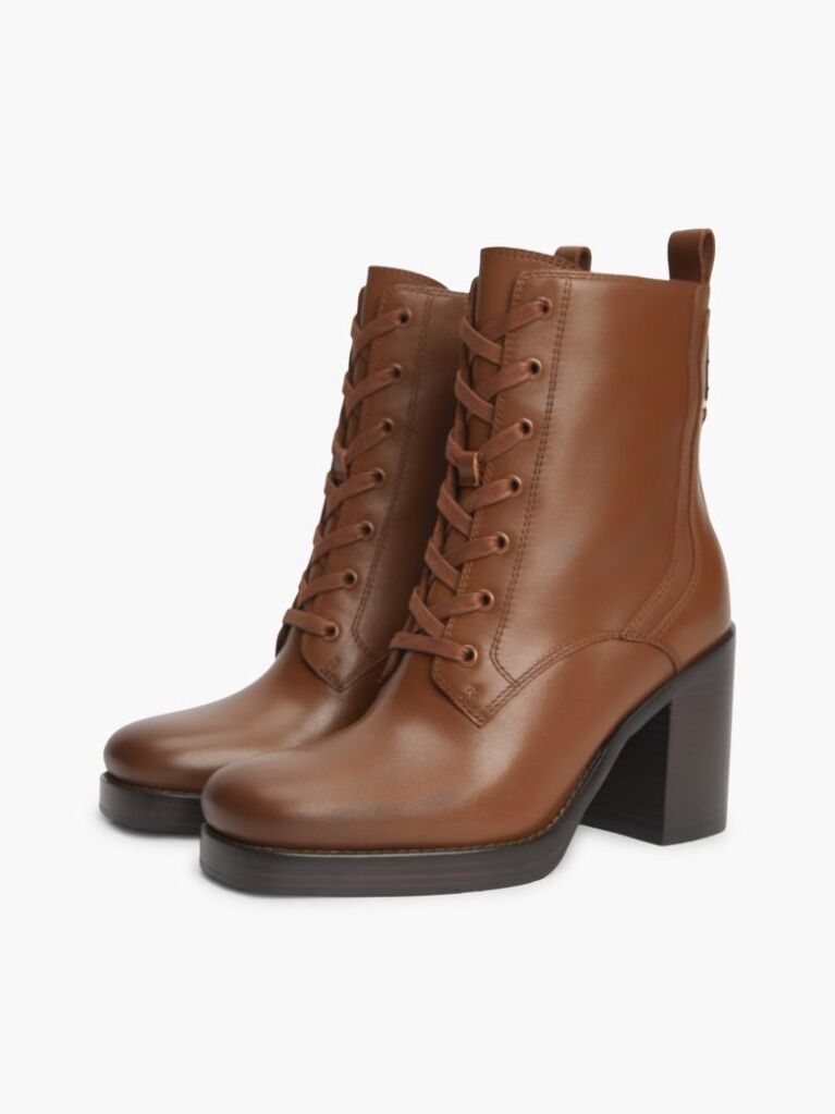 Brown Leather Square Toe Lace-Up Boots  Women