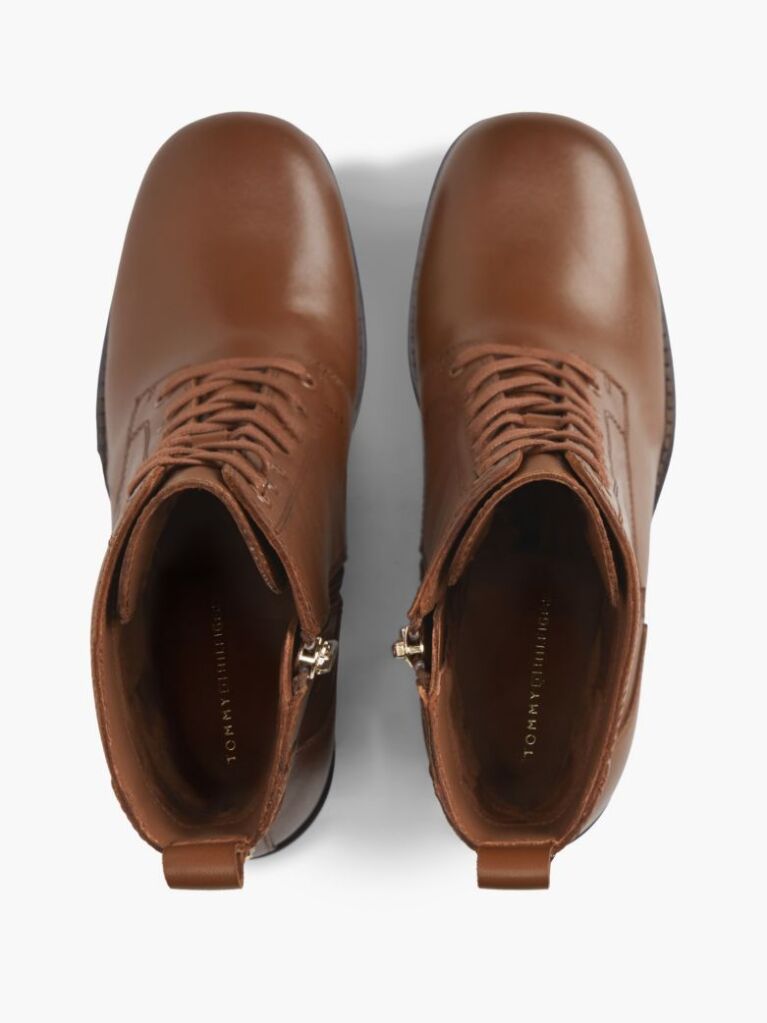 Brown Leather Square Toe Lace-Up Boots  Women