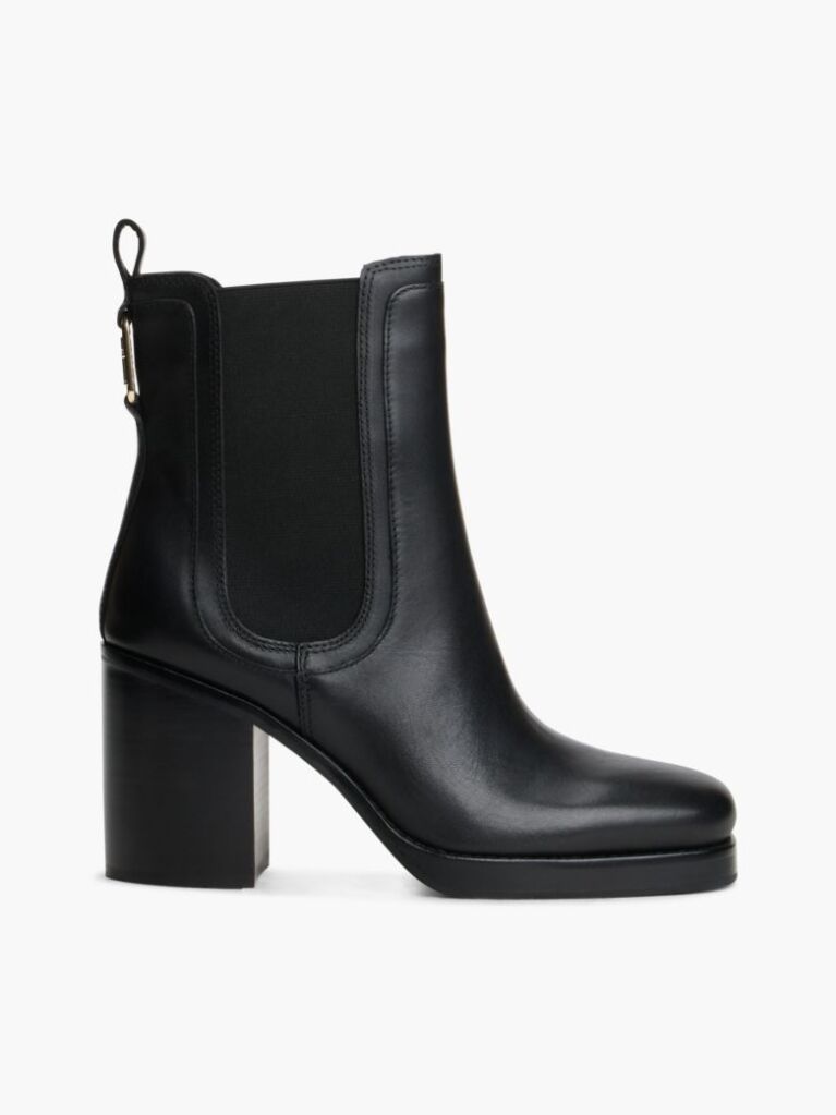 Black Leather Square Toe Block Heel Chelsea Boots  Women
