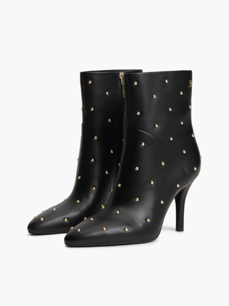 Black Leather Studded Stiletto Heel Ankle Boots  Women