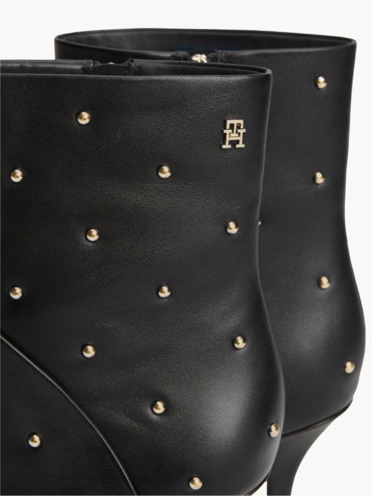 Black Leather Studded Stiletto Heel Ankle Boots  Women