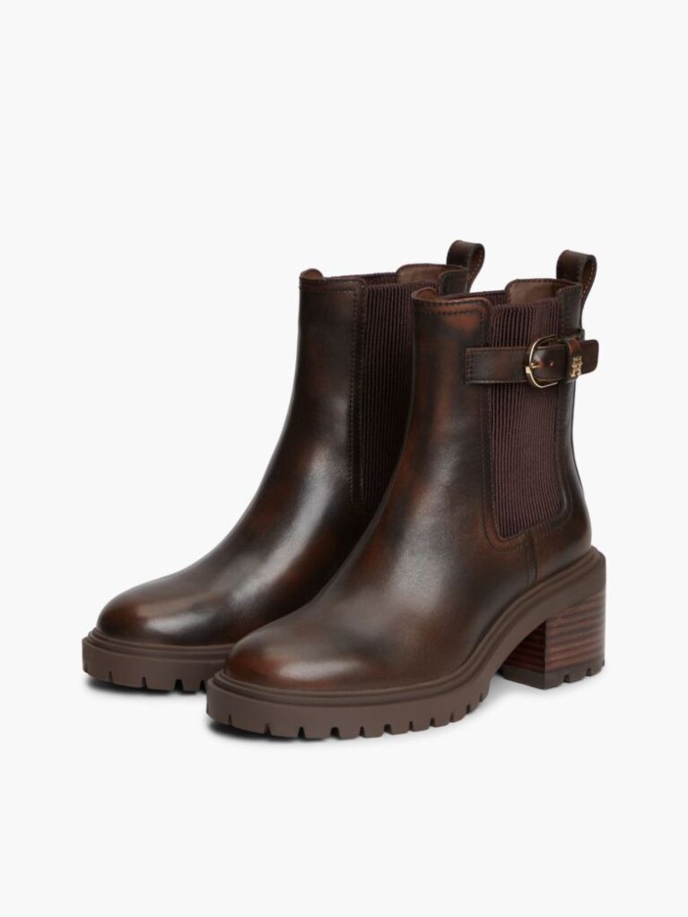 Brown Leather Buckle Block Heel Chelsea Boots  Women