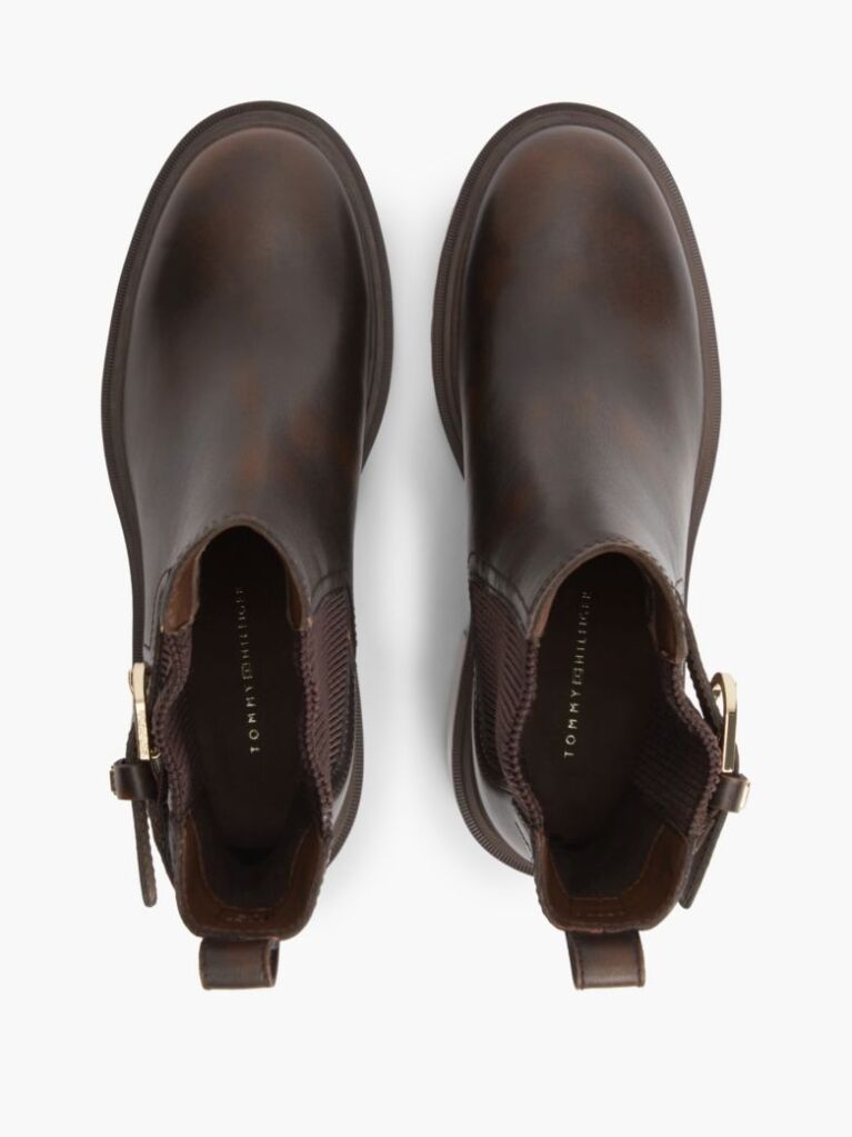Brown Leather Buckle Block Heel Chelsea Boots  Women