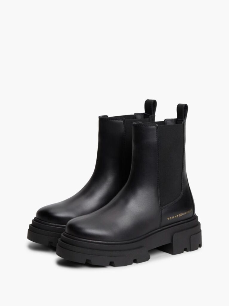 Black Leather Chunky Chelsea Boots  Women