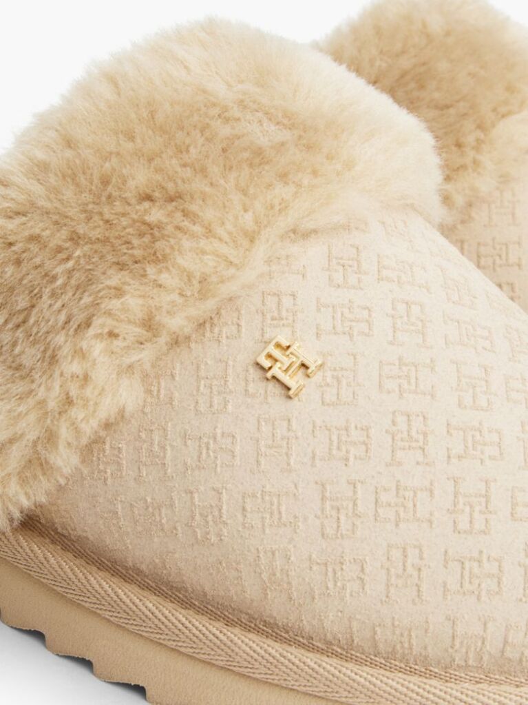 Beige Leather Faux Fur Serrated Slippers  Women