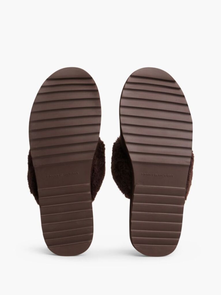Brown Leather Faux Fur Serrated Slippers  Women