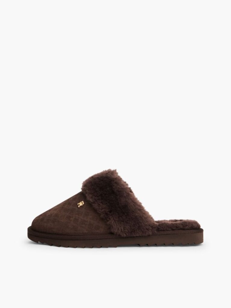 Brown Leather Faux Fur Serrated Slippers  Women