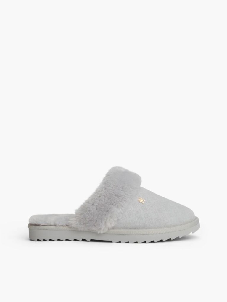 Grey Leather Faux Fur Serrated Slippers  Women
