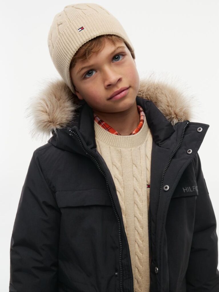 Beige Kids' Flag Embroidery Cable Knit Beanie  Kids Unisex