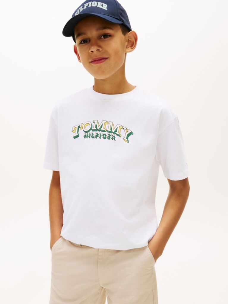 Άσπρο Βαμβακερό T-Shirt Με 3D Σημαία  Αγόρια