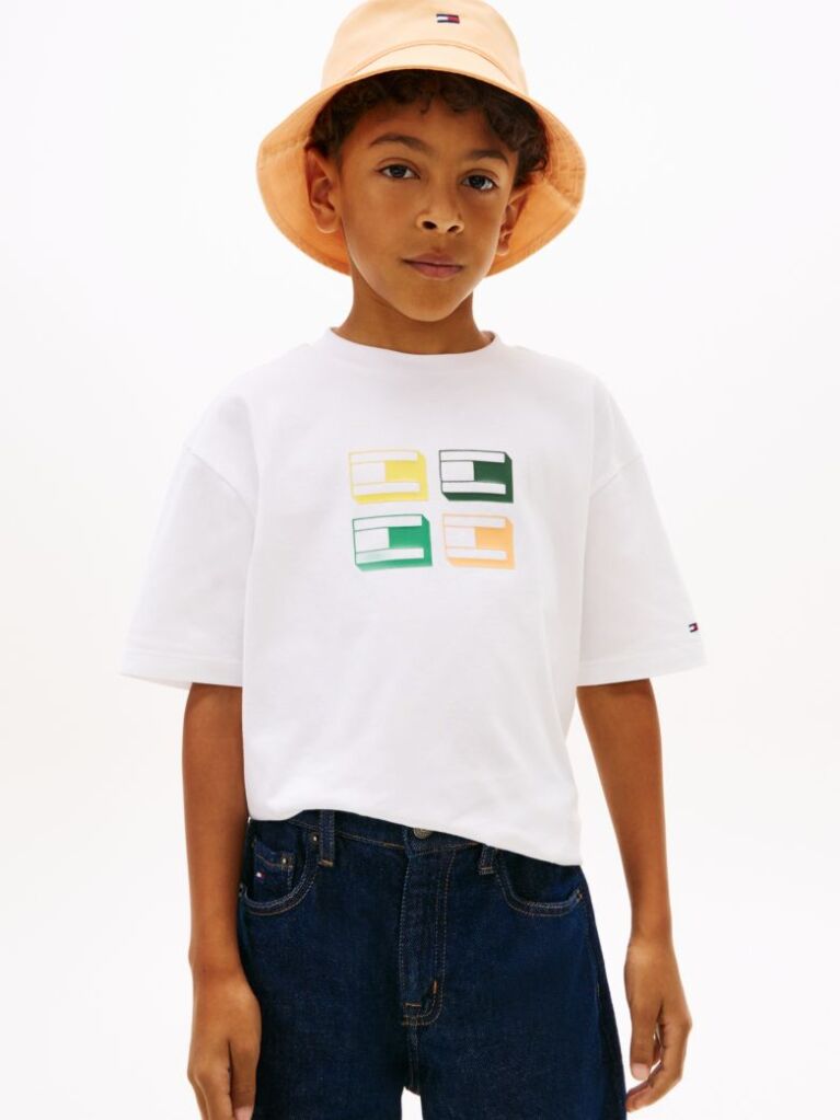 Άσπρο Βαμβακερό T-Shirt Με 3D Σημαία  Αγόρια