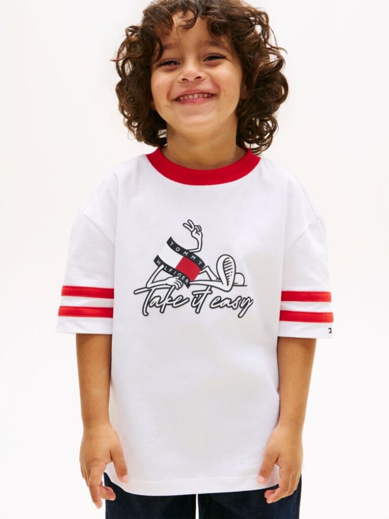 Άσπρο Βαμβακερό T-Shirt Με Κυματιστή Σημαία  Αγόρια