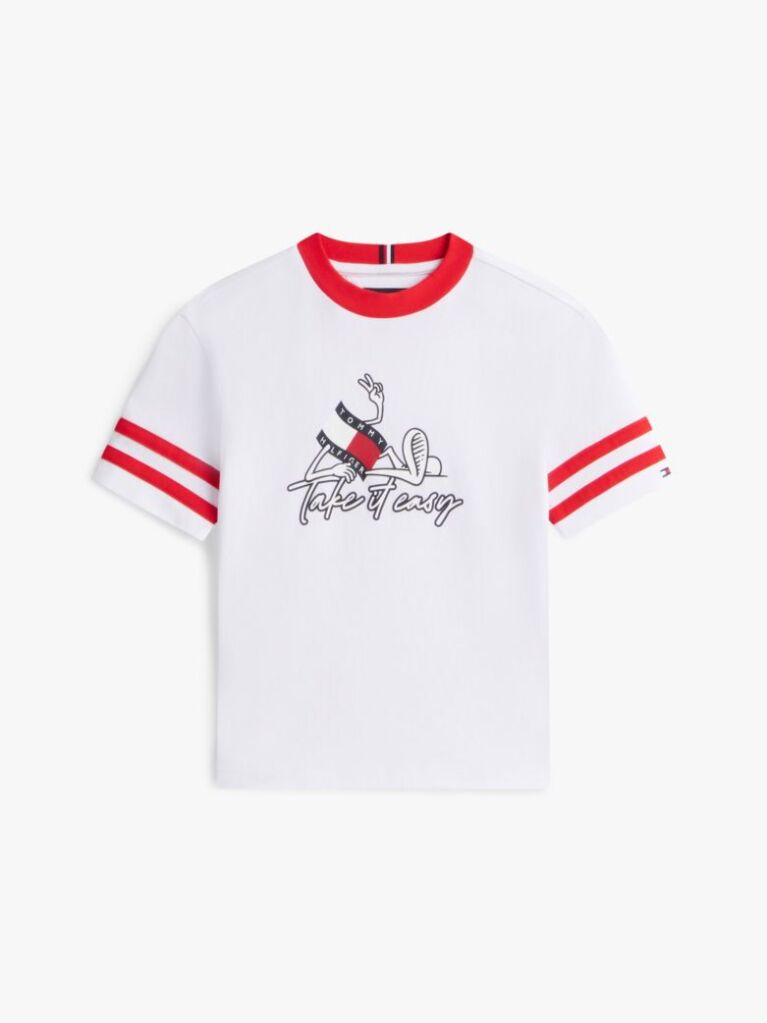 Άσπρο Βαμβακερό T-Shirt Με Κυματιστή Σημαία  Αγόρια