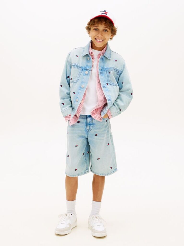 Blue Wavy Flag Embroidery Loose Denim Shorts  Boys