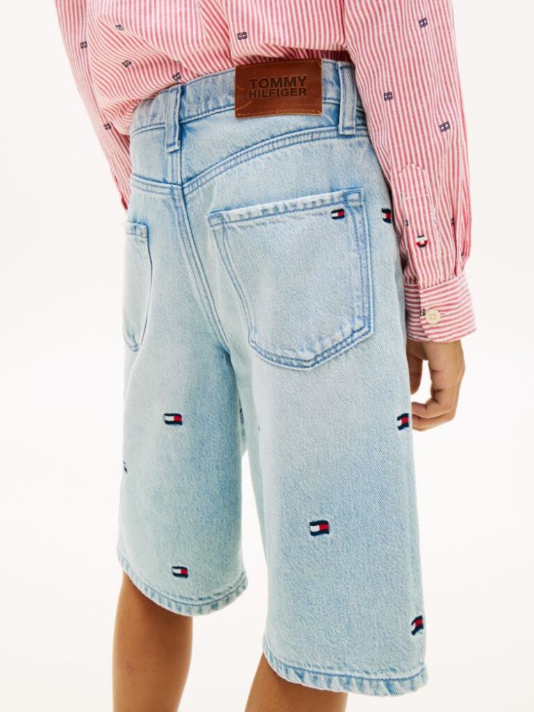 Blue Wavy Flag Embroidery Loose Denim Shorts  Boys