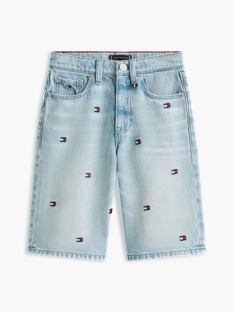 Blue Wavy Flag Embroidery Loose Denim Shorts  Boys