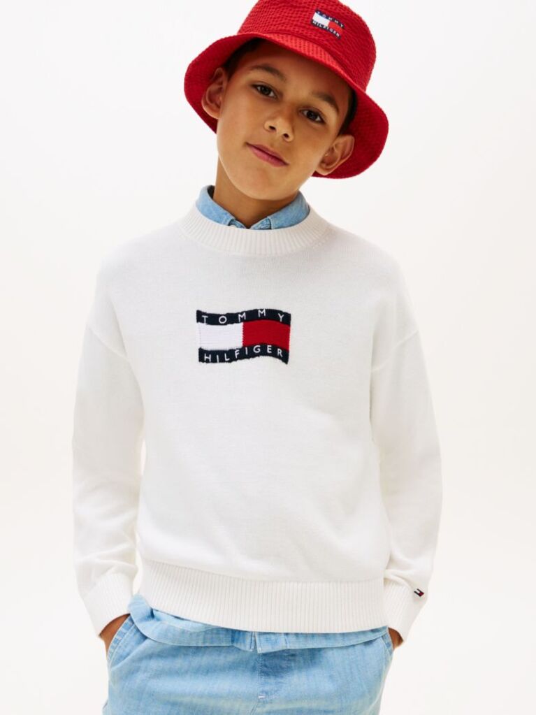 White Intarsia Wavy Flag Crew Neck Jumper  Boys