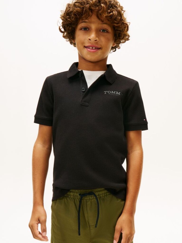 Black Textured Knit Polo Shirt  Boys