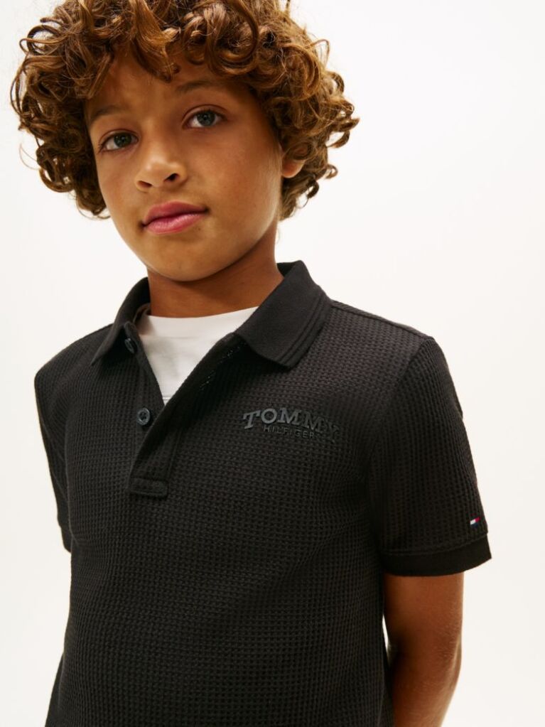 Black Textured Knit Polo Shirt  Boys
