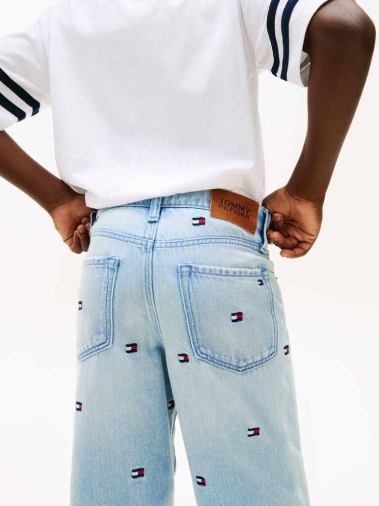Blue Wavy Flag Embroidery Loose Jeans  Boys