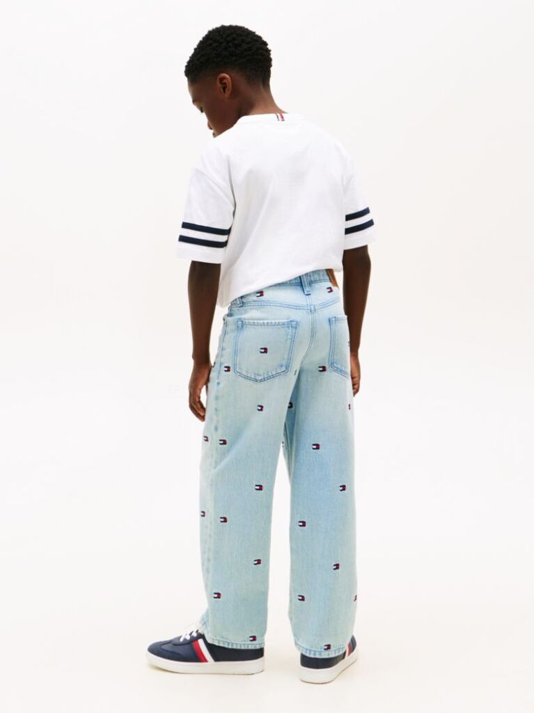 Blue Wavy Flag Embroidery Loose Jeans  Boys