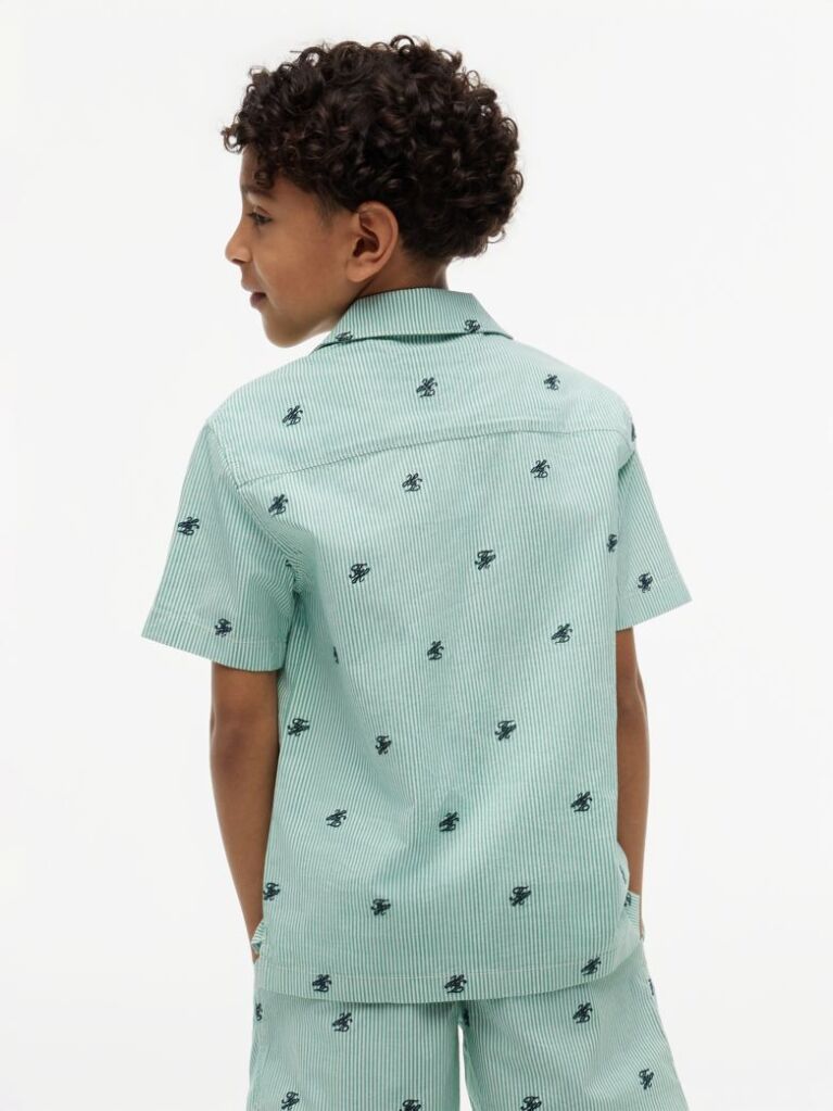 Green Ithaca Stripe Logo Embroidery Short Sleeve Shirt  Boys
