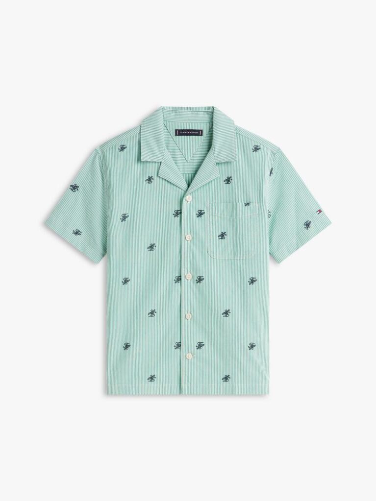 Green Ithaca Stripe Logo Embroidery Short Sleeve Shirt  Boys