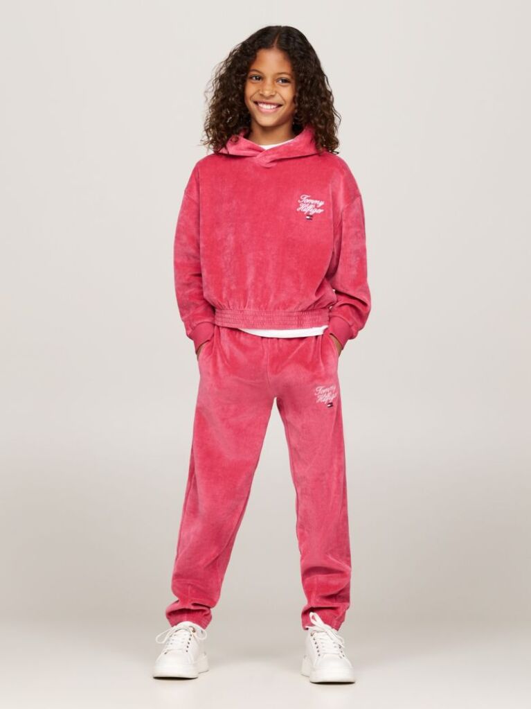 Red Script Logo Velour Relaxed Hoody  Girls