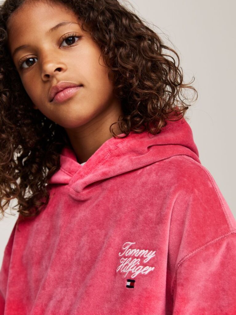 Red Script Logo Velour Relaxed Hoody  Girls