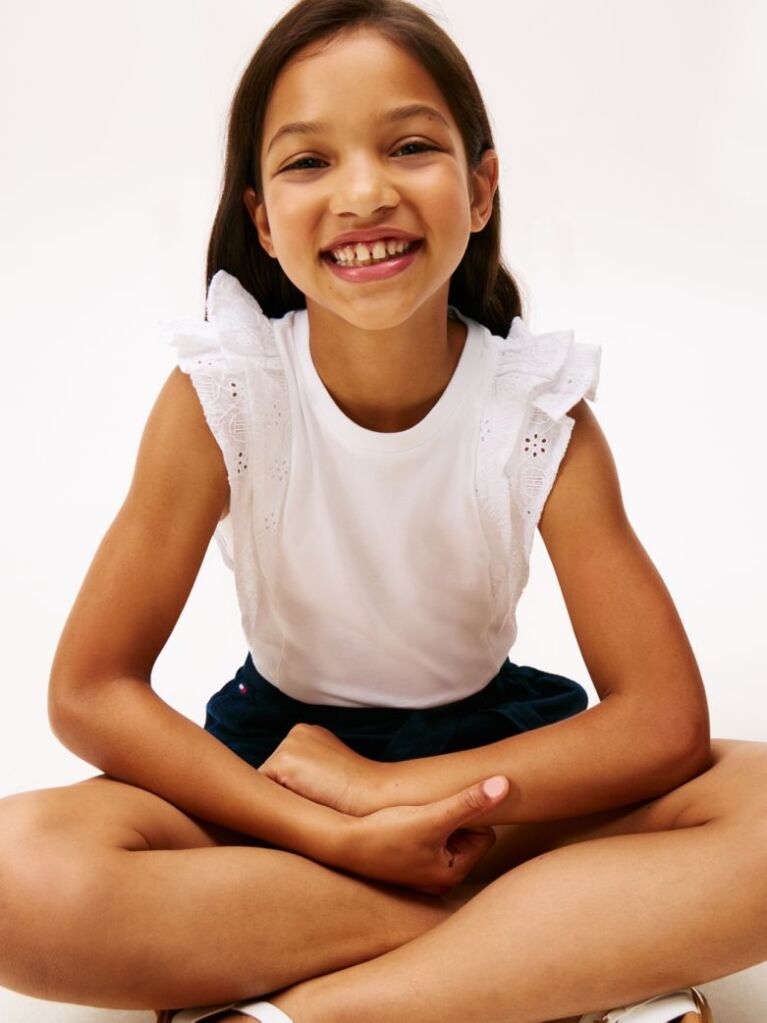 White Broderie Anglaise Sleeve Slim Top  Girls