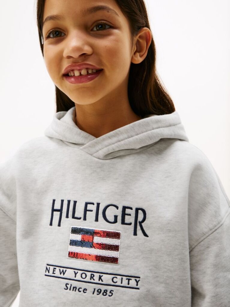 White Hilfiger Sequin Flag Relaxed Hoody  Girls