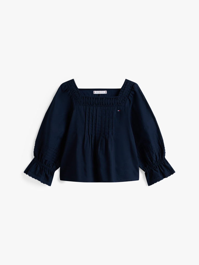 Blue Broderie Anglaise Pintuck Blouse  Girls